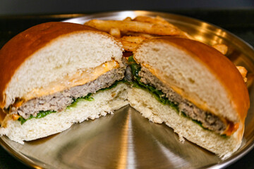 Homemade hamburger cut in half