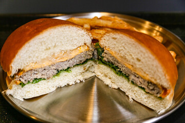 Homemade hamburger cut in half