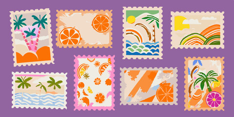 Collection of Colorful Summer Themed Postage Stamps with Tropical and Citrus Designs