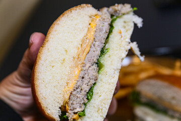 Homemade hamburger cut in half