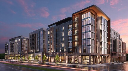 Stylish Mixed Use Development with Modern Architecture at Dusk