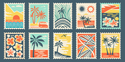 Collection of Colorful Tropical Island Themed Postage Stamps Illustration