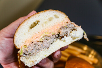 Homemade hamburger cut in half