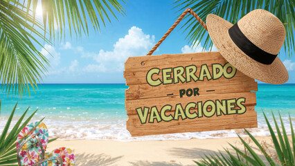 Letrero rústico de madera con la inscripción "Cerrado por Vacaciones" en letras vibrantes, suspendido entre frondosas palmeras que enmarcan una playa paradisíaca de arena dorada y aguas turquesas