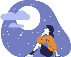 Young woman sitting under starry night sky, dreaming and looking at full moon, peaceful evening solitude