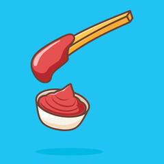 Cute fries with tomato sauce. Vector illustration cartoon style.