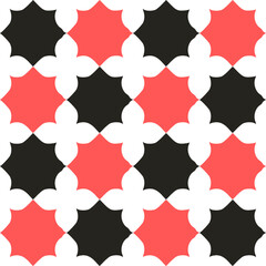 Abstract Seamless geometric pattern with pink and black stars on white background. Flower and star, repeat star pattern design for fabric printing repeat pattern, checkerboard, chessboard