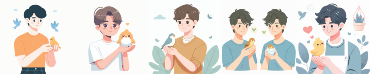 Fototapeta premium young man character vector holding bird