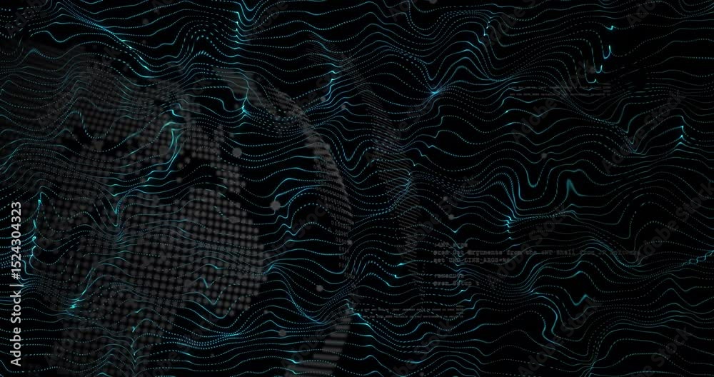 Poster pulsing teal waves initiating nodal sphere rotating dissolving code glyphs flickering showing data