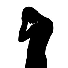 a black and white silhouette of a man covering his ears with his hands while talking on the phone black, cover, ear, hand, head, man, person, phone, silhouette, woman , Generative art.