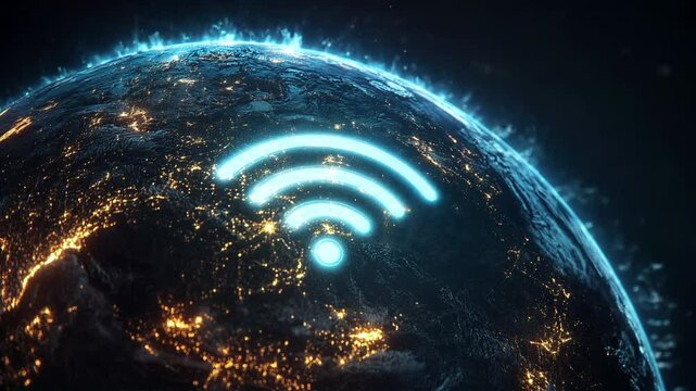 camera zoom on globe planet earth with glowing wifi symbol on it