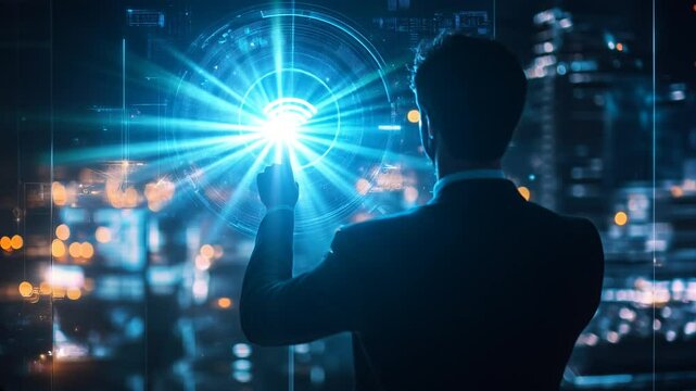 businessman touching futuristic wifi hologram with his hand. camera from backside view. professional blue background