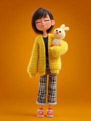 Stylish 3d cartoon girl in plaid pants and yellow cardigan holding plush bunny on orange background. Concept of modern toy branding, fashion-forward character design, and playful identity