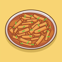 Tteokbokki or simmered rice cake is korean popular street food in plate, cartoon illustration vector.