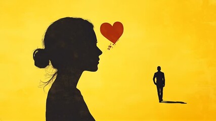 illustration of a man walking away from relationship. woman silhouette with red heart watching a man silhouette going away leaving. meaning: end of relationship, end of love, breakup, missing, sorrow - Powered by Adobe