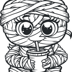 Fototapeta premium Cute Mummy Character Drinking Beverage with Straw Black and White Outline