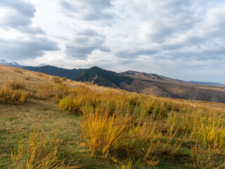 Tian Shan mountains autumn landscape south of Karakol with golden grass and dramatic sky.