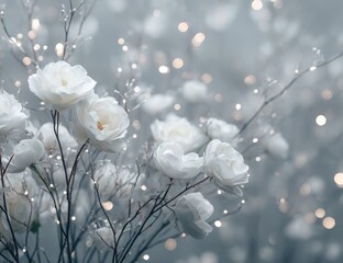 Fototapeta premium Soft white roses on gray branches, bokeh background