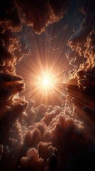 A sun shining through the clouds in the sky