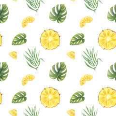 Pineapple slices and lush green leaves seamless tropical watercolor pattern isolated background. Juice yellow fruit among green foliage for summer packaging, beachwear textiles, home decor