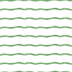 Wavy horizontal green brushstrokes abstract watercolor seamless pattern isolated background. Hand painted stripes illustration for modern home decor, summer textile design, organic texture.