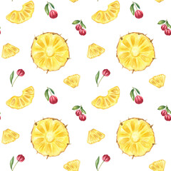 Watercolor seamless pattern with pineapple slices and acerola berries isolated background. Hand painted tropical fruits ornate for healthy food packaging, summer collection, exotic home decor