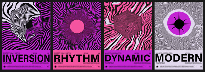 Set of four futuristic posters featuring wavy op-art patterns in black, white, pink, and purple. The modernism style merges op-art and bold color trends, popular in digital and graphic design today.