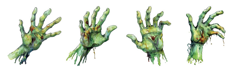 Obraz premium Set of zombie hands png. Watercolor rotten zombie hands with bones and wounds showing through. Zombie hands from graves. Halloween elements. Zombie parts. Vector illustration.