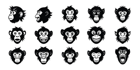 Chimpanzee Face Silhouettes – Angry, Smiling, and Roaring Monkey Vector Illustrations