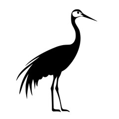 Obraz premium a black silhouette of a crane, long legged bird, icon isolated on a transparent background bird, black, crane, heron, icon, illustration, long, silhouette, stand , Generative art.