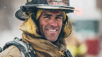 Smiling Firefighter in Turnout Gear with Snowy Background
