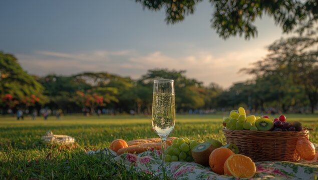 Picnic basket with champagne glass in park at sunset