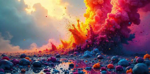 Fototapeta premium A vibrant explosion of color, depicting destruction and chaos Shattered fragments of paint and pigment create a powerful visual metaphor for devastation and renewal , pigment, messy