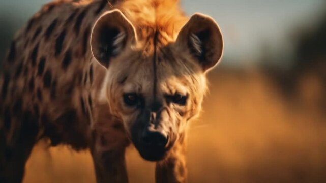 Close-up portrait of spotted hyena face showing intense predatory expression with sharp teeth and piercing eyes in natural savanna environment, walking around