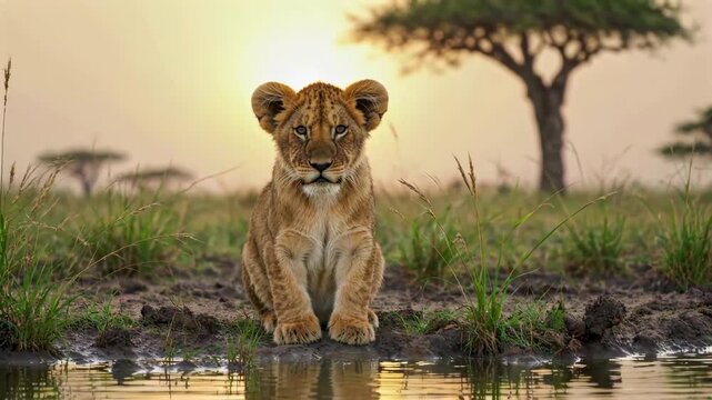 there is a lion cub sitting on the ground next to a body of water