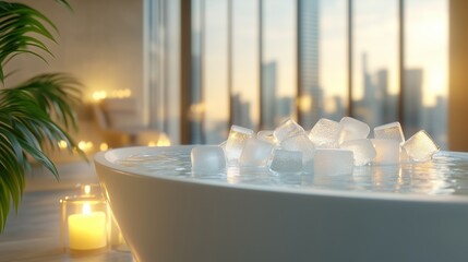 Minimalist luxury spa interior with glossy white bathtub full of ice cubes surrounded by flickering candles, green tropical plants, clean architectural lines
