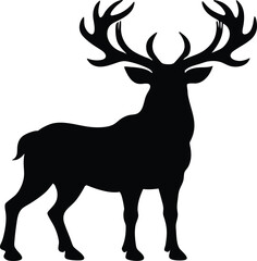 "Majestic Deer Silhouette Icon - Black Vector Illustration of Standing Stag with Antlers"