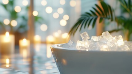 Minimalist luxury spa interior with glossy white bathtub full of ice cubes surrounded by flickering candles, green tropical plants, clean architectural lines