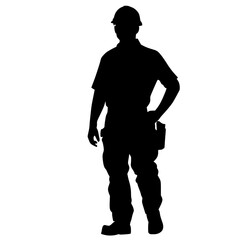 a black silhouette of a soldier or construction worker standing against a white background black, construction worker, helmet, man, silhouette, soldier, stand , Generative art.