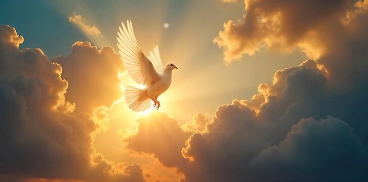 A single dove descends towards a radiant light, symbolizing hope, peace, and spiritual release Perfect for themes of faith, redemption, and divine intervention , freedom, flight, wings