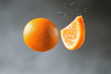 Orange fruit falling and flying, A vibrant orange fruit is depicted falling, while another orange is seen flying above, creating a dynamic scene