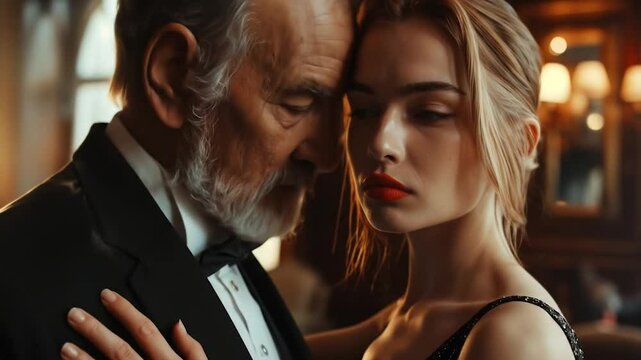 Wealthy old gentleman in elegant tuxedo embracing young attractive blonde woman in intimate luxury restaurant setting with warm ambient lighting. Sugar daddy and sugar baby economic love relationship