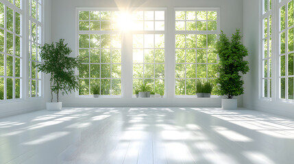 Fototapeta premium Bright White Room with Large Windows and Sunlight Streaming Through Green Trees