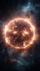 Obraz premium A bright orange sun in the middle of a dark space filled with stars