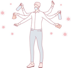 A creative illustration of a man with multiple hands effectively sanitizing, emphasizing cleanliness importance