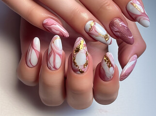 Elegant blush pink and gold marble nails isolated on white background