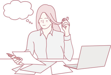 A woman is pondering various papers while working on her laptop in a modern, sophisticated environment