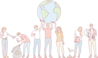 An illustration of diverse individuals engaging in ecofriendly initiatives to positively impact our planet