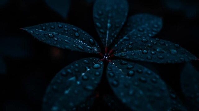 Close-up of Dew-kissed Leaves in Deep Evening Shade