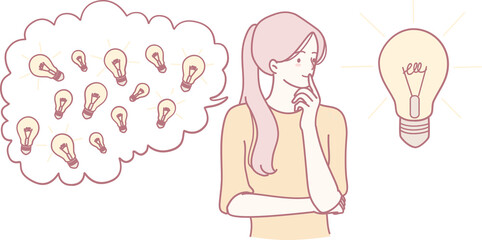An illustration of a woman deep in thought, inspired by lightbulbs symbolizing creativity and inspiration